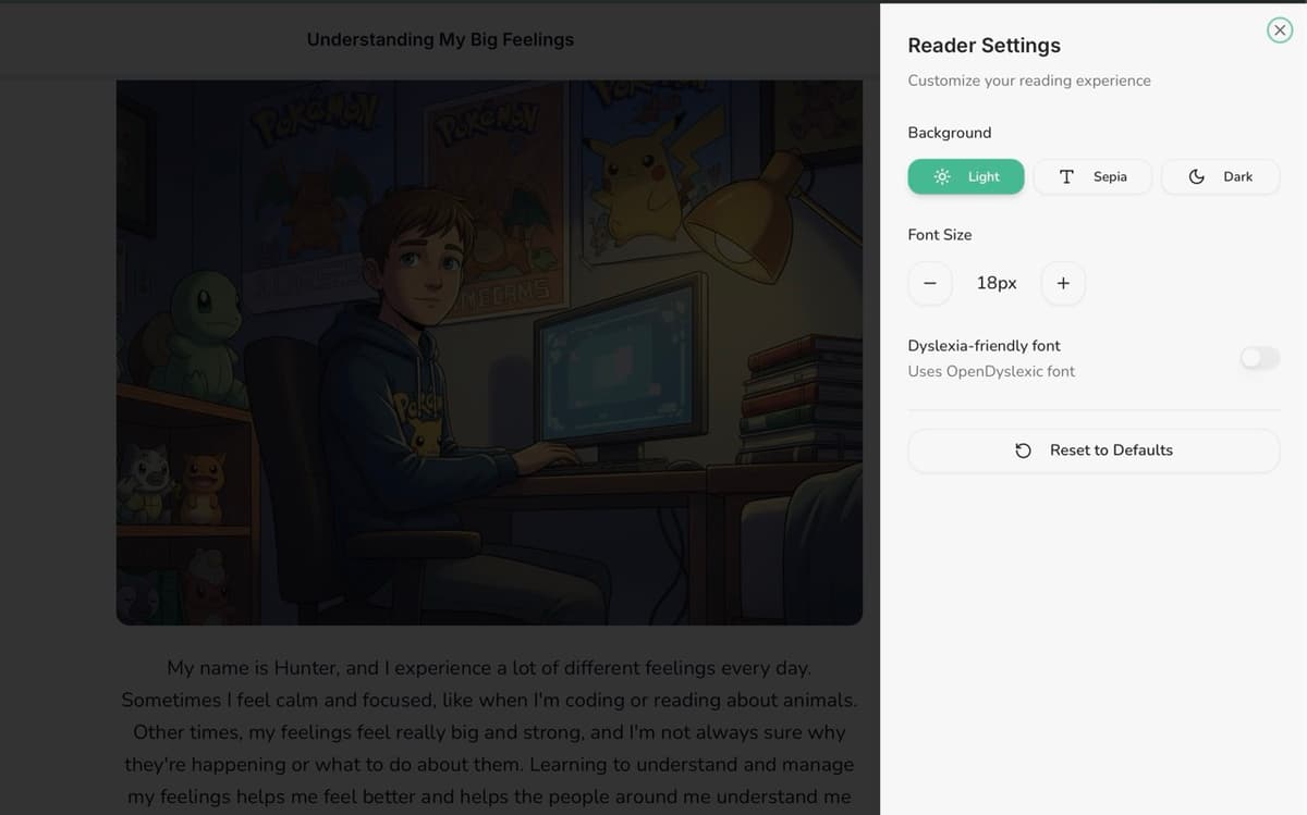 GrowTale accessibility settings on desktop showing large text and dyslexia-friendly options