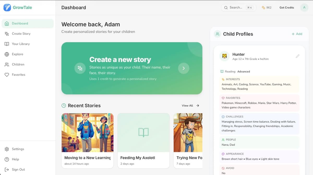 GrowTale dashboard showing your child's stories and quick actions
