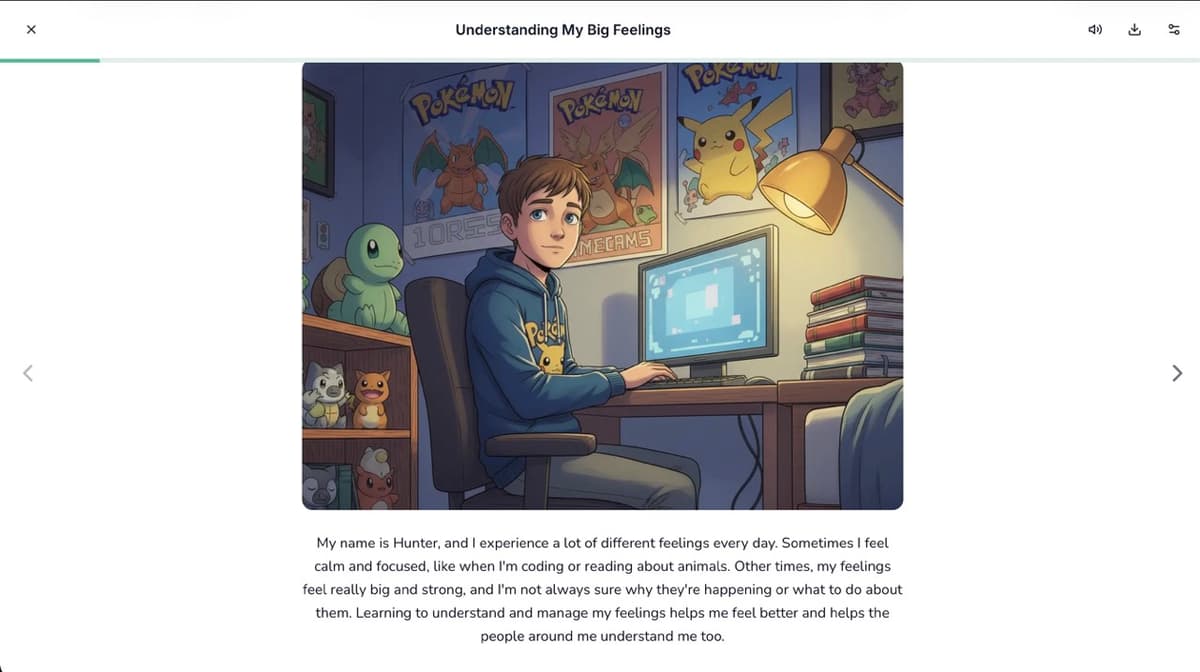 GrowTale story reader on desktop showing an illustrated story