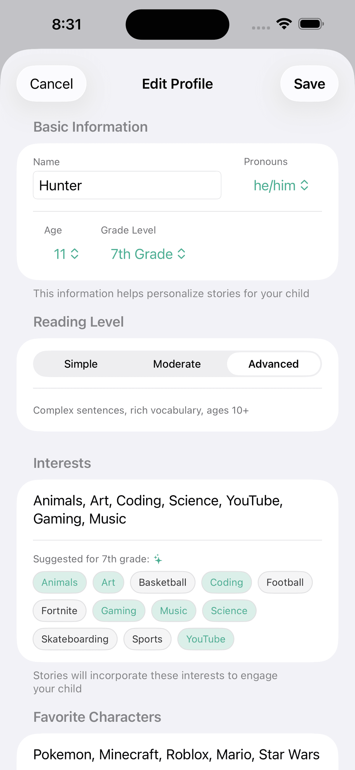 GrowTale app showing a child profile form with fields for name, age, appearance details, and interests