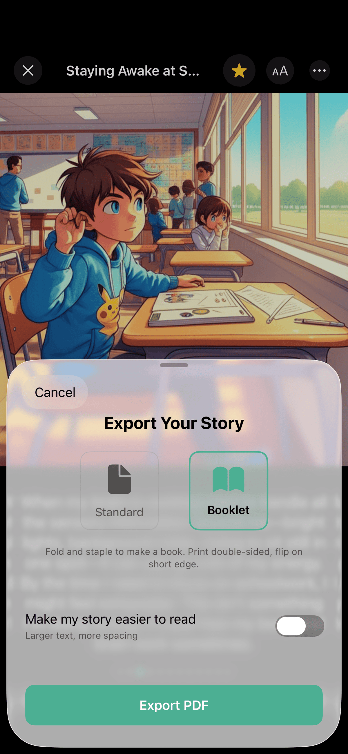 Booklet export option in the GrowTale app