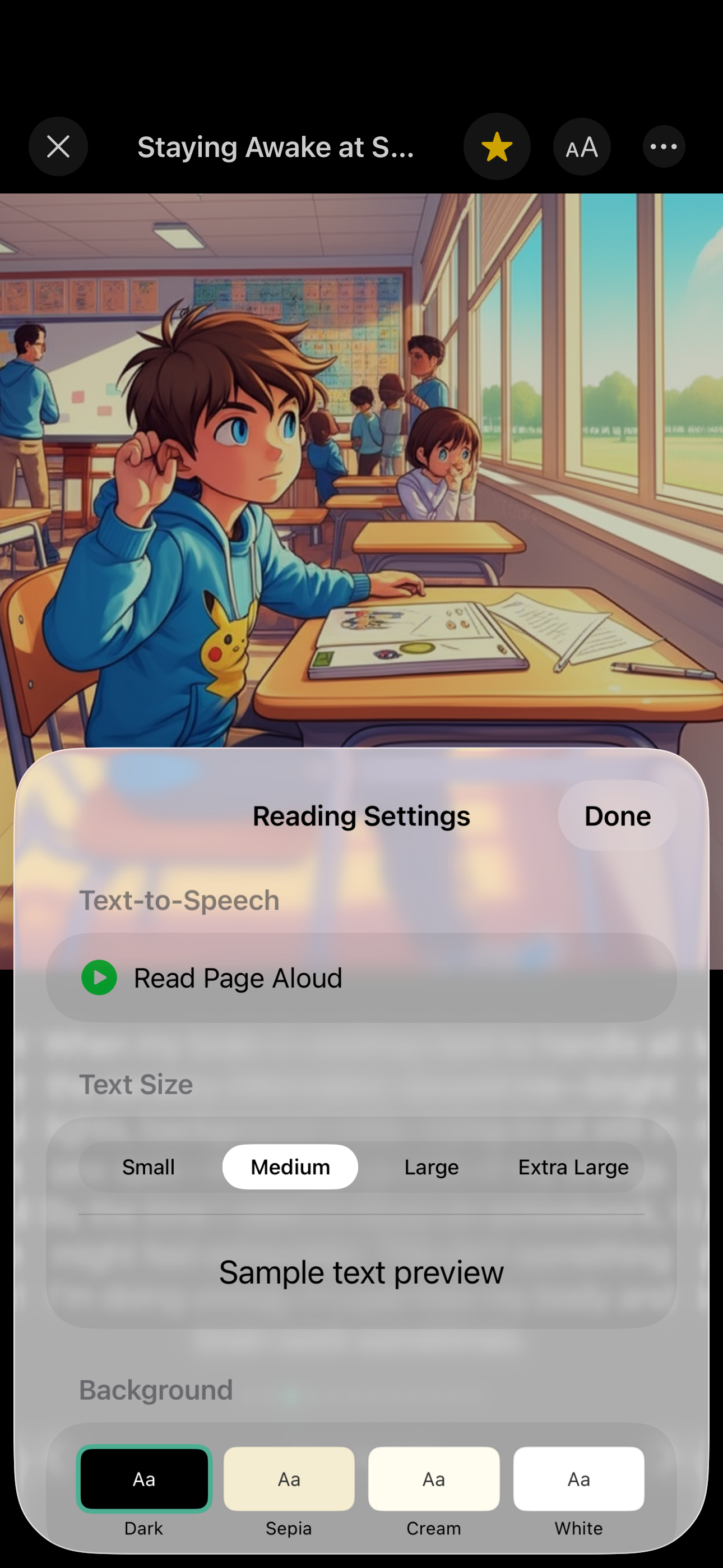 GrowTale accessibility settings showing font size, dyslexia font, and reading options