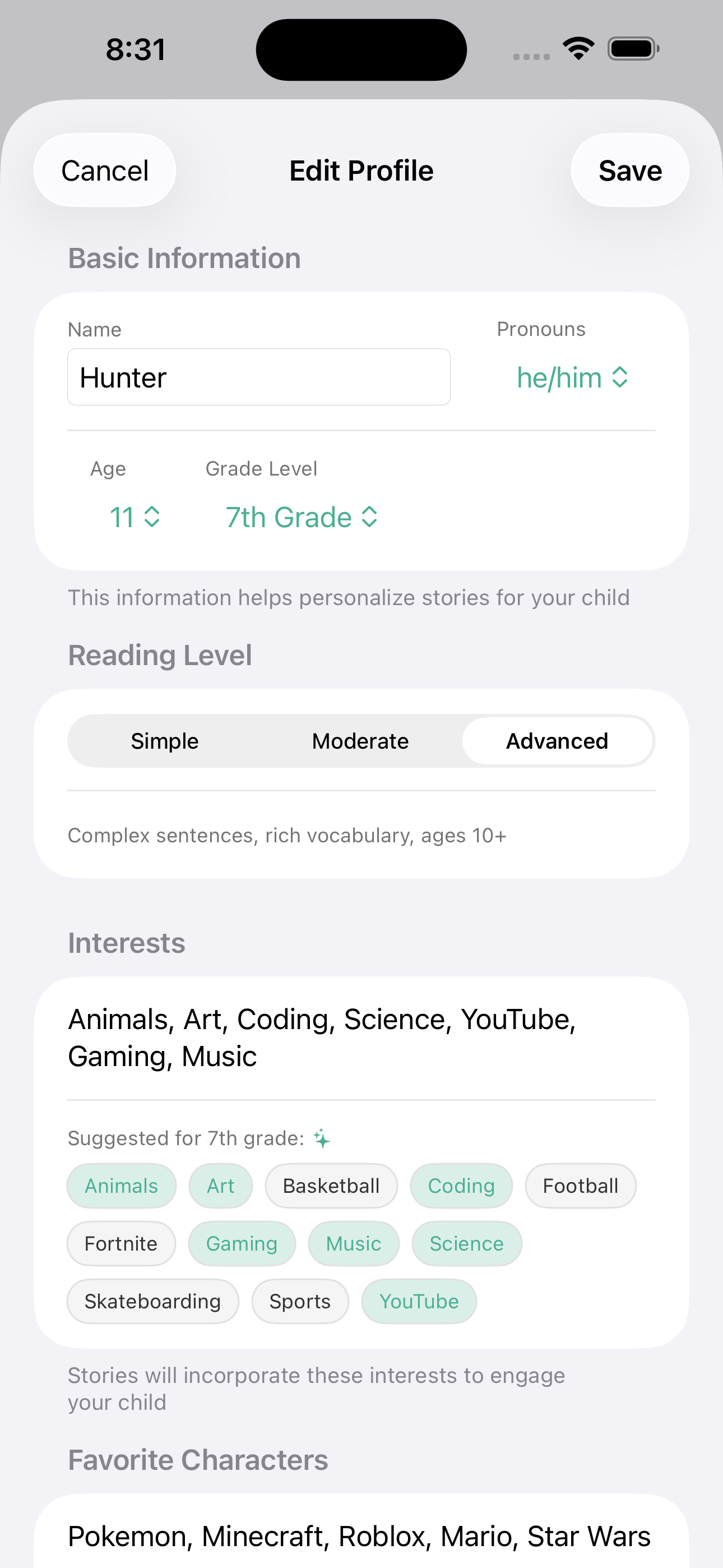 GrowTale app showing a child profile form with fields for name, age, appearance details, and interests