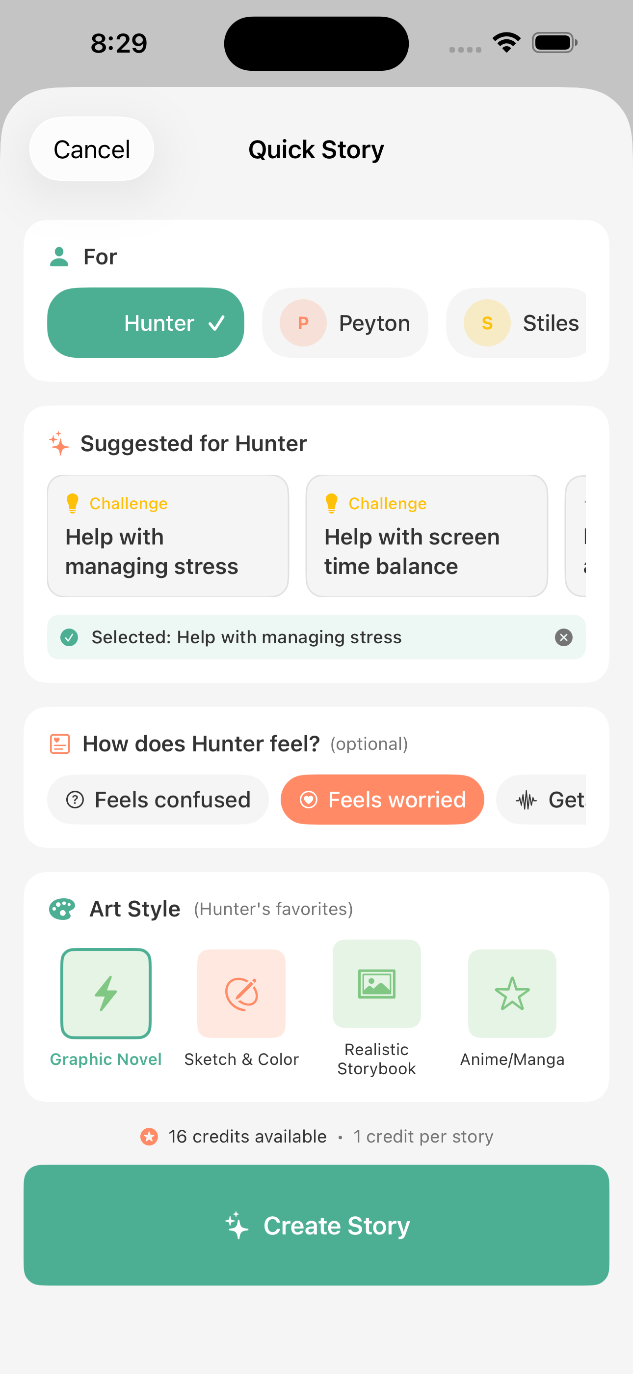 GrowTale story creation screen with a text field to describe the situation or challenge for your child's story